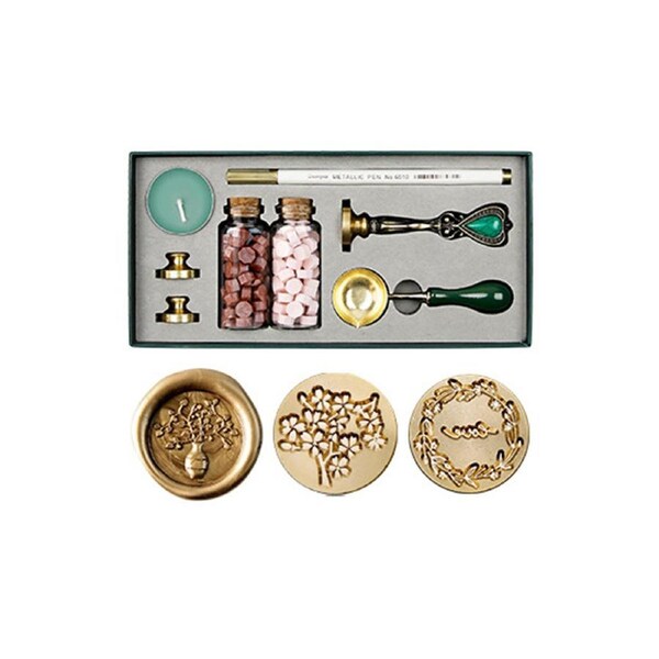 Wax Seal Kit Sealing Wax Beads Wax Melting Spoon Wax Seal Stamp Candle Replaceable Copper Head Metallic Pen for Envelopes Letter Cards Wedding Invitations