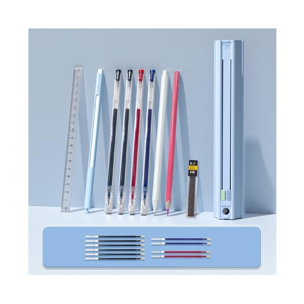 Cute Pencil Box Hexagonal Standing Pen Holder Multi-Function Push-Pull Stationery Box Set Design with Ruler and Detachable Pencil Sharpener and Eraser Hard