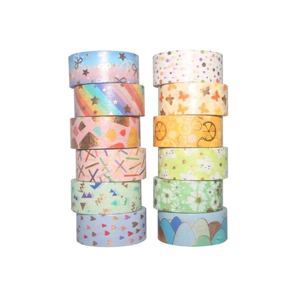 12 Rolls Washi Tape Set Cute Pattern Gold Foil Masking Tape 15mm Wide Adhesive Decorative Tape Sticker for DIY Crafts Journals Planners Scrapbooking Card