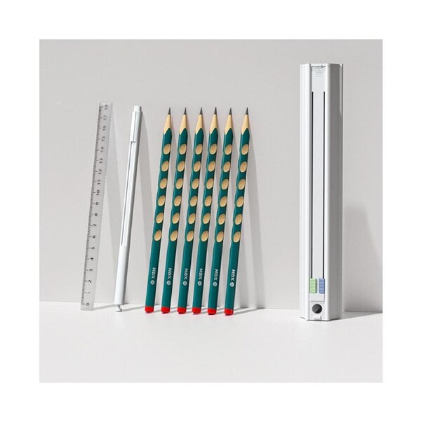 Cute Pencil Box Hexagonal with 6 Pencils Standing Pen Holder Multi-Function Push-Pull Stationery Box Set Design with Ruler and Detachable Pencil Sharpener