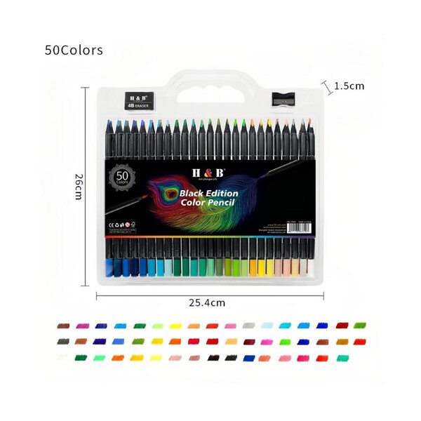 H&B 50 Colored Pencils Oil-based Pre-Sharpened 3.3mm Lead Wide Spectrum Vibrant Colors Sketching Drawing Coloring Books and Artistic Creations Ideal for St