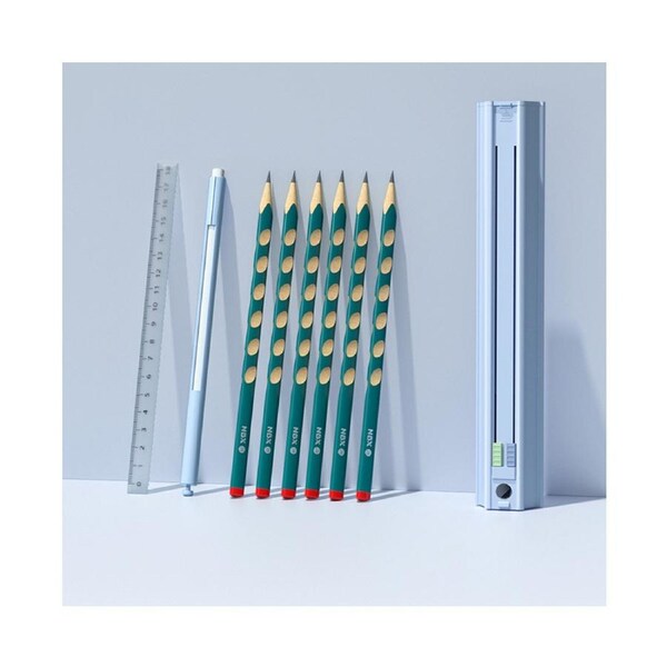 Cute Pencil Box Hexagonal with 6 Pencils Standing Pen Holder Multi-Function Push-Pull Stationery Box Set Design with Ruler and Detachable Pencil Sharpener