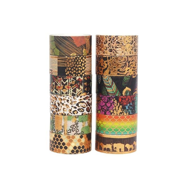 12 Rolls Washi Tape Set Gold Foil Wilderness Style Animal Washi Masking Tapes Decorative Adhesive Tape Label Sticker 15mm Wide for DIY Arts & Crafts Scrapb
