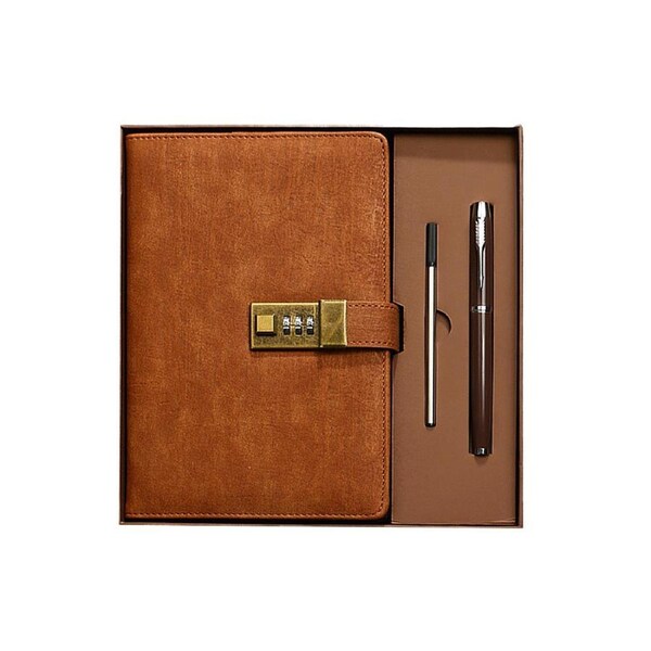 Vintage A5 Notebook PU Covered Diary with 3-digit Lock Notepad Retro Softcover with Pen & Gift Box Writing Drawing Note Taking Journal 112 Pages for Busine