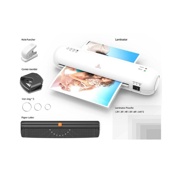 Desktop Laminator Machine Set A4 Size Hot and Cold Lamination 2 Roller System 9 inches Max Width with Paper Cutter Trimmer Rounder Hole Puncher Binding Hoo