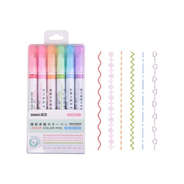 Star seedling linear pen roller design quick-drying lace pen key mark hand-painted outline curve fluorescent pen marker pen S-7008A-6 Regular six-line six-
