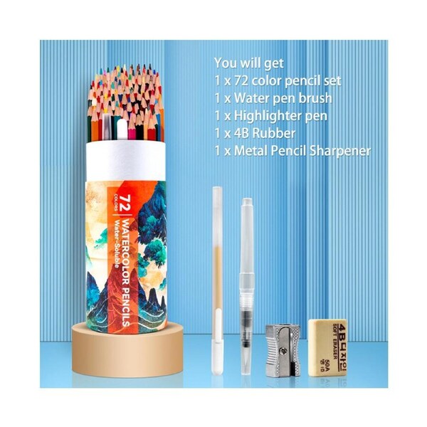 H&B 72 Water Colored Pencils Water-soluble Pre-Sharpened 3mm Lead Wide Spectrum Vibrant Colors with 1 Water Pen Brush for Blending Sketching Drawing Colori