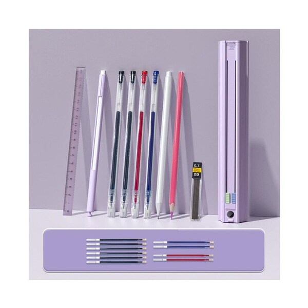 Cute Pencil Box Hexagonal Standing Pen Holder Multi-Function Push-Pull Stationery Box Set Design with Ruler and Detachable Pencil Sharpener and Eraser Hard