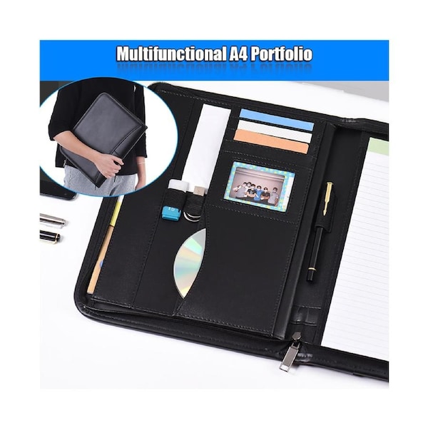 Multifunctional Professional Business Portfolio Padfolio Folder Document Case Organizer A4 PU Leather Zippered Closure with Business Card Holder Memo Note