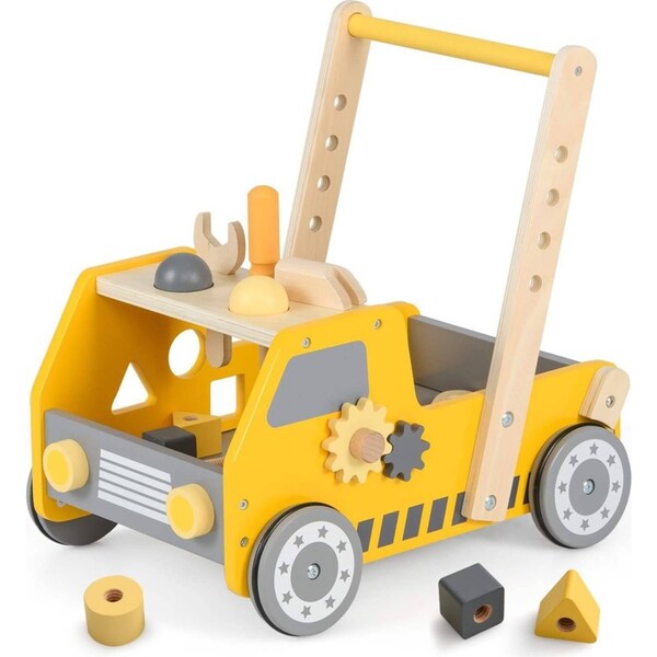 Costway 2-in-1 Wooden Walker Montessori Push & Pull Walker Stroller w/Tool Kit Activity Toy Yellow