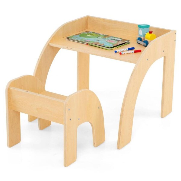 Costway Table Chair Set Space-Saving Activity Desk & Chair Set for Playroom Study Writing Natural