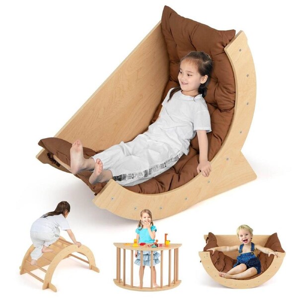 Costway Climb Playset 6 in 1 Climbing Arch Frame w/Removable Cushion Wooden Rocker Stoppers Table Brown