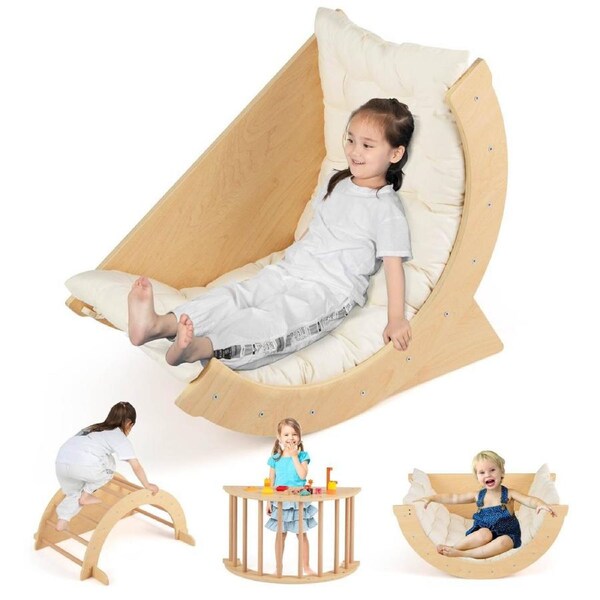 Costway Climb Playset 6 in 1 Climbing Arch Frame w/Removable Cushion Wooden Rocker Stoppers Table Natural