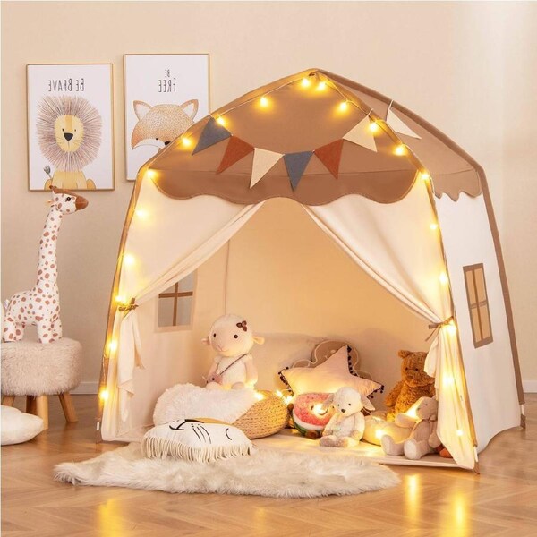 Costway Playhouse Play Tent w/Lights & USB Indoor Outdoor Castle Tent Teepee Gift Brown