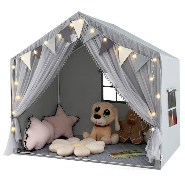 Babyjoy Kids Play Tent Large Pretend Play House w/Star Lights Indoor Outdoor Toddler Tent Gift Beige