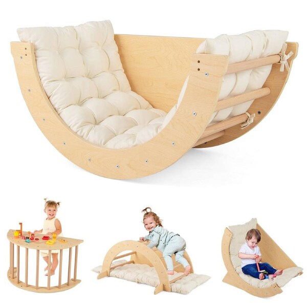 Babyjoy Climb Playset 6-in-1 Wooden Arch Rocker Kids Climbing Ladder Toy w/Removable Cushion Activity Table Beige