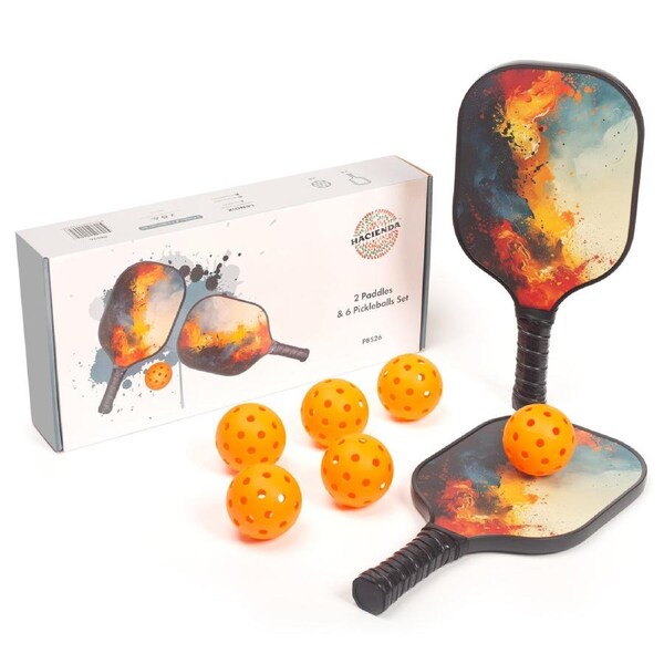 Hacienda Pickleball Set with 6 Aerodynamic Balls and 2 Fiberglass Paddles