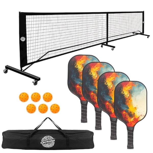 Hacienda Pickleball Set with 4 Fiberglass Paddles, 6 Balls, Net, and Carry Bag