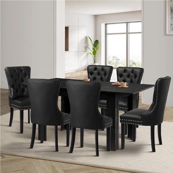 Oikiture 160cm Extendable Dining Table with 6PCS Dining Chairs PU Leather Black