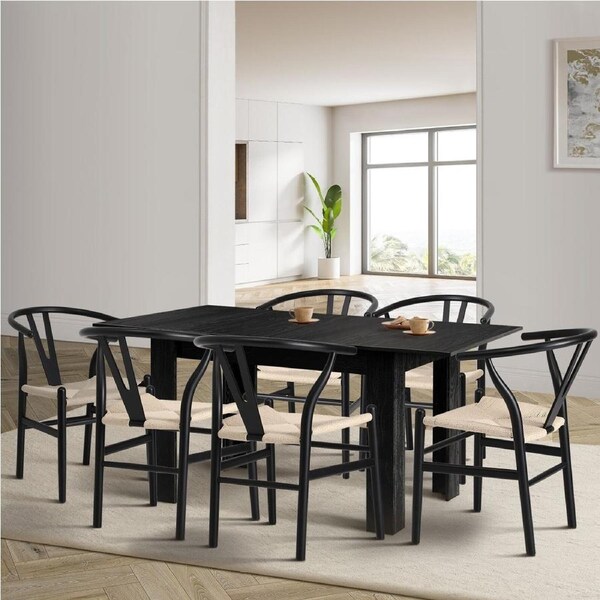 Oikiture 160cm Extendable Dining Table with 6x Hans Wegner Dining Chairs Black