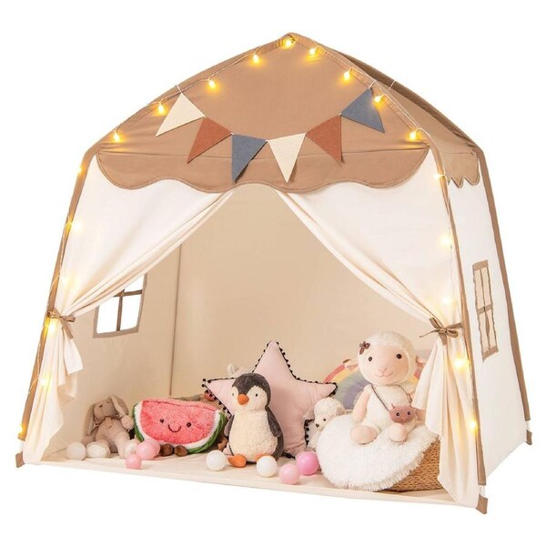 Babyjoy Kids Dome Play Tent Indoor Outdoor Playhouse w/Lights & Flags Pretend Play Center Teepee Coffee