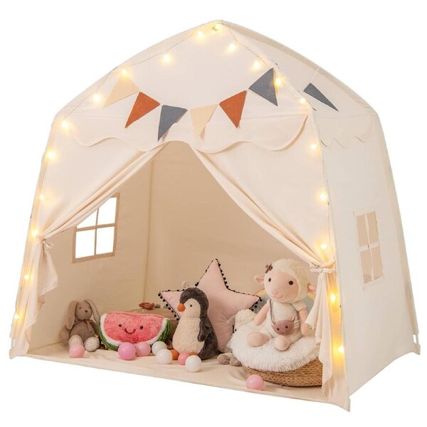 Babyjoy Kids Dome Play Tent Indoor Outdoor Playhouse w/Lights & Flags Pretend Play Center Teepee Beige
