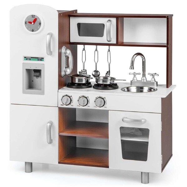 Babyjoy Kitchen Play Set Pretend Play Toys w/Realistic Sounds & Lights Wooden Cooking Accessories