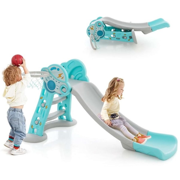 Babyjoy 3IN1 Kids Folding Slide Activity Center w/Hoop & Ball Indoor Playset Blue