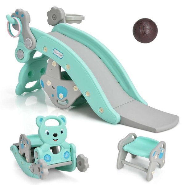 Babyjoy 4-in-1 Rocking Horse Play Slide Set w/Basketball Hoop Ring Activity Center Ride On Toy Blue