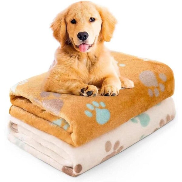 QLVKYW Dog Blanket 2 Pack Soft Pet Blanket Medium & Large Dog Throw Flannel Fleece Cat Blanket Cute Paw Print Blanket for Bed Couch Sofa White,Camel