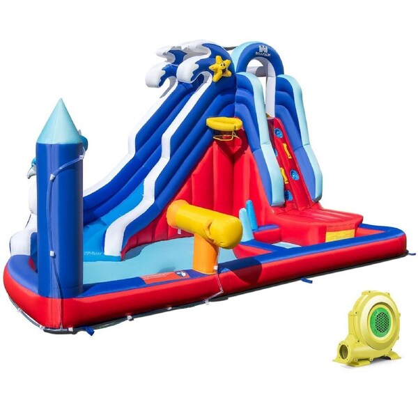 Babyjoy Kids Inflatable Water Slide Park w/680W Blower & Carry Bag Jumping Castle Splash Pool Wet Dry