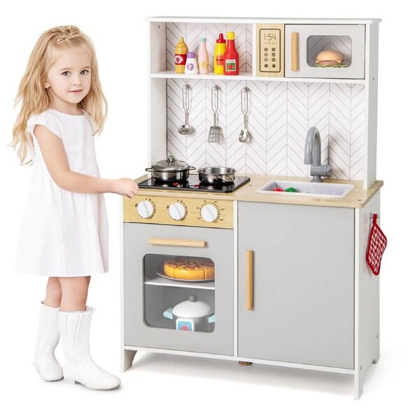 Babyjoy Kids Pretend Play Kitchen Wooden Kitchen Playset w/Lights & Sounds Chef Cooking Toy White