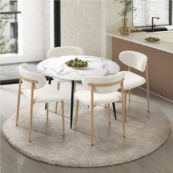 Oikiture 110cm Round Dining Table with 4x Dining Chairs Boucle White