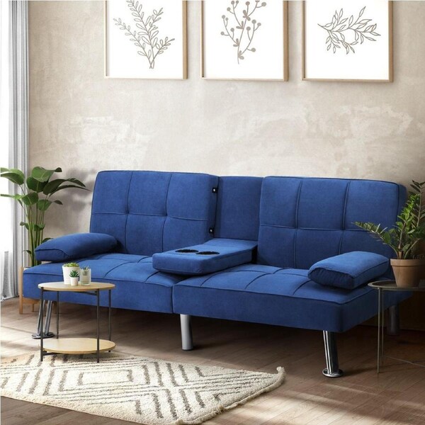 Oikiture Sofa Bed Lounge 3 Seater Couch Recliner Sofabeds Cup Holder Velvet Blue