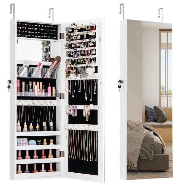 Costway 110cm Mirror Jewelry Cabinet Armoire Wall/Door Mounted Jewelry Box Organizer White