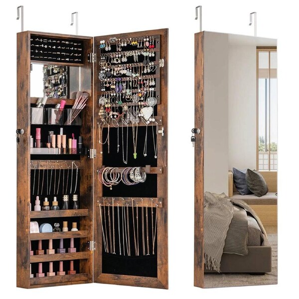 Costway 110cm Mirror Jewelry Cabinet Armoire Wall/Door Mounted Jewelry Box Organizer Brown