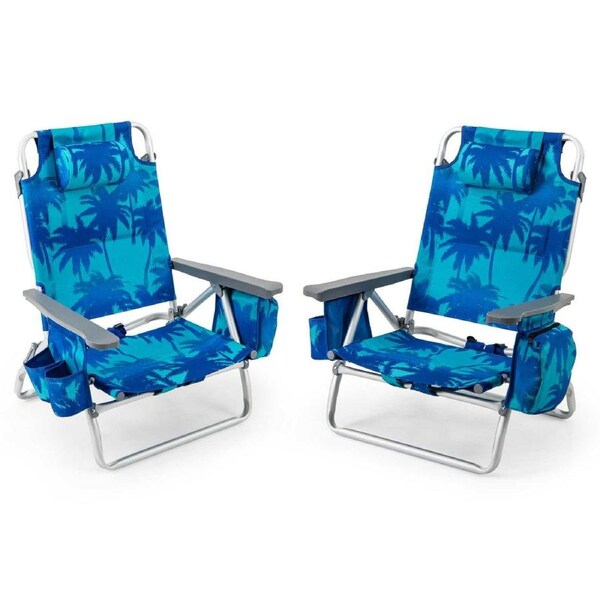 Costway 2x Folding Reclining Beach Chairs Camping Arm Chairs Outdoor Fishing Picnic w/5-Position Backrest & Head Pillow Blue