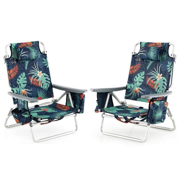 Costway 2x Folding Reclining Beach Chairs Camping Arm Chairs Outdoor Fishing Picnic w/5-Position Backrest & Head Pillow Multi