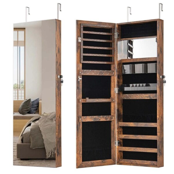 Giantex Lockable Jewelry Armoire Jewelry Mirror Cabinet Jewelry Organizer Rustic Brown