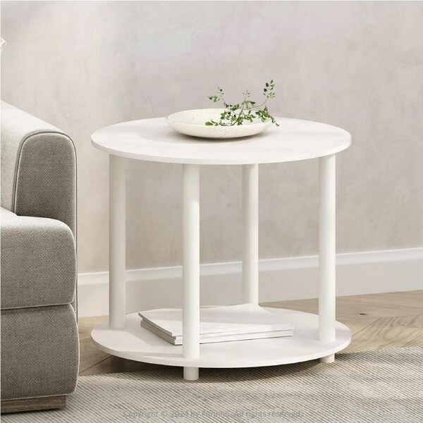 Gem Round White Wood Metal Round End Coffee Table with Storage Shelf