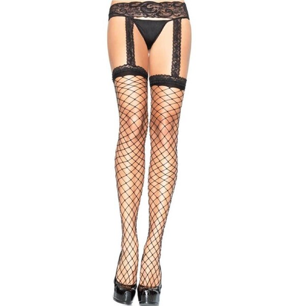 Black Fence Net Stockings with Lace Garter Belt