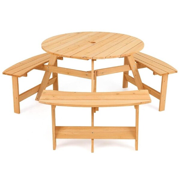 Costway 6 Person Wooden Picnic Bench Set Dining Table & Built-in Chairs w/Umbrella Hole Outdoor Activity