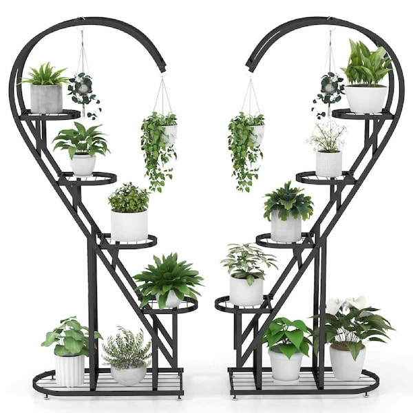 Costway 5 Tier Heart-Shaped Flower Rack Metal Plant Stand Pot Shelf w/Hanging Hook Indoor Outdoor Black