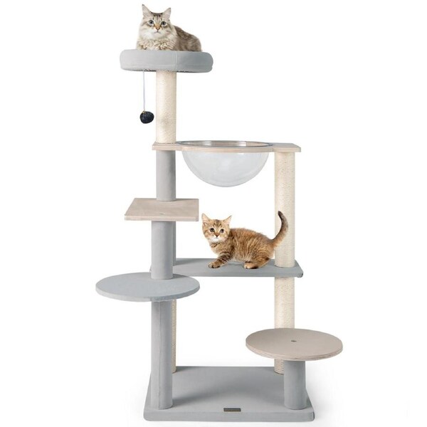 Costway 113cm Wood Cat Tree Tower Condo House w/Sisal Scratching Posts & Space Capsule Natural