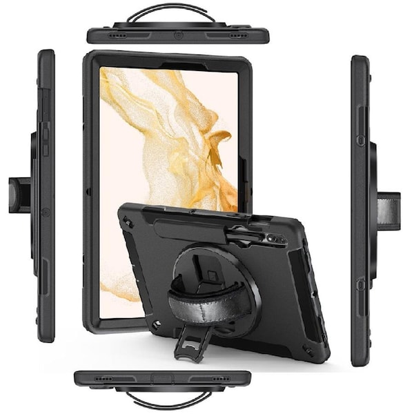 Pisen Rugged Samsung Galaxy Tab S9 Ultra (14.6') Case Black - Built-in-Kickstand,Adjustable Hand Strap,Shoulder Strap,Pen Holder,DropProof,ShockProof