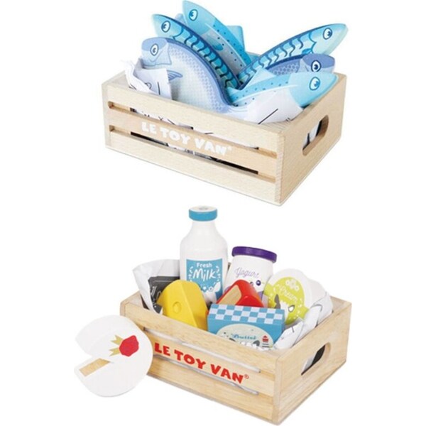 Le Toy Van Honeybake Fresh Fish/Cheese & Dairy in Crate Wooden Toy 2y+