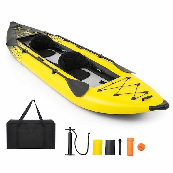 Costway 2-person Inflatable Kayak Set w/Aluminium Oars & Carry Bag Portable Padded Kayak Boat Yellow