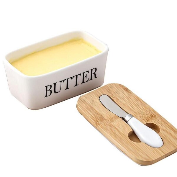 JOYBUY Ceramic Butter Dish Box Storage Tray Container W/ Bamboo Lid & Butter Cutter