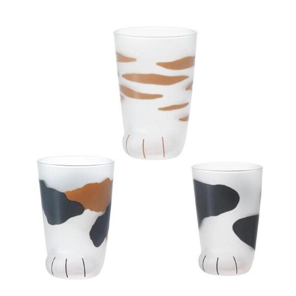 Pair 3 Cat Paw Frosted Calico Cups Glass Milk Cute Gift Tumbler Claw Foot Cute