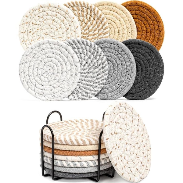 8 Pcs Drink Coasters with Holder, Absorbent Coasters, Cotton Coaster Set, Woven Coasters for Coffee Table Bar Housewarming, 4.3 Inch